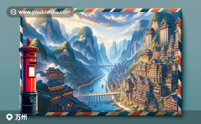 萬(wàn)州區(qū)插圖：巫峽山川、特色辣子雞及帶有404100郵編的中國(guó)郵政明信片