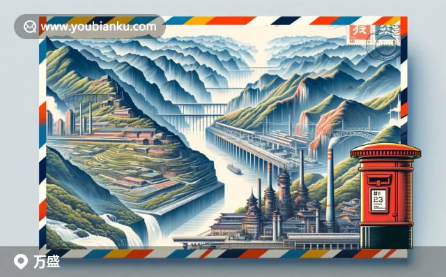 萬盛區(qū)標志性景點插圖：黑山谷、石林與辣椒，展示自然與文化特色，400800郵政編碼與經(jīng)開區(qū)發(fā)展