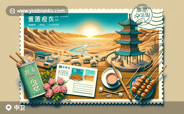 現(xiàn)代插畫展現(xiàn)寧夏沙坡頭壯麗沙漠景觀，黃河象征歷史文化，枸杞代表農業(yè)資源
