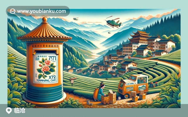 云南臨滄大佛寺、茶葉與郵政元素的現(xiàn)代插畫