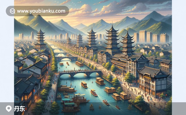 現(xiàn)代插圖展現(xiàn)丹東鴨綠江大橋與高麗街，下方融入海鮮元素的雜色蛤郵票，航空信封形式呈現(xiàn)地域文化與郵政元素