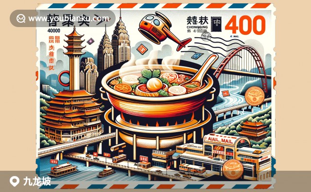 插圖：九龍坡區(qū)標(biāo)志性景觀-紅巖紀(jì)念館、美食辣子雞和長江索道在創(chuàng)意郵政編碼背景下的藝術(shù)呈現(xiàn)