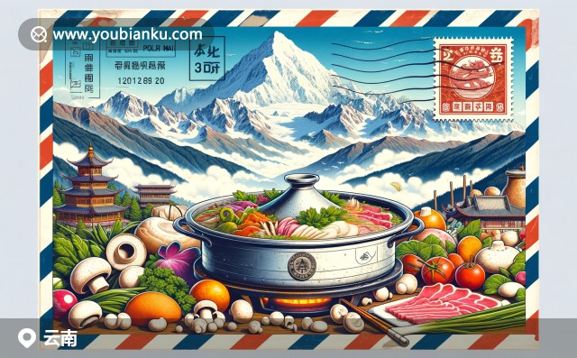 云南風情：玉龍雪山壯麗背景下的火鍋，象征豐富生物多樣性，融入航空郵件元素