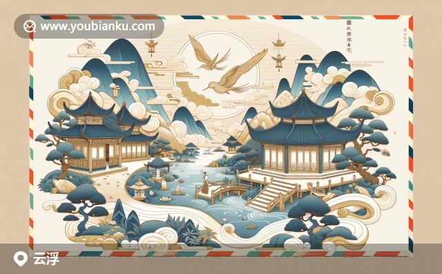 云浮文化與自然融合，呈現(xiàn)禪宗六祖像、南江風景與石雕藝術(shù)，中央艷麗郵票，邊緣中國郵戳
