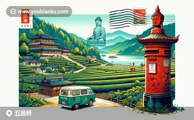 四川省樂(lè)山市五通橋區(qū)明信片風(fēng)光，展示樂(lè)山大佛、茶園、郵筒與郵車，郵政編碼614800，體現(xiàn)深厚的文化遺產(chǎn)與郵政聯(lián)系