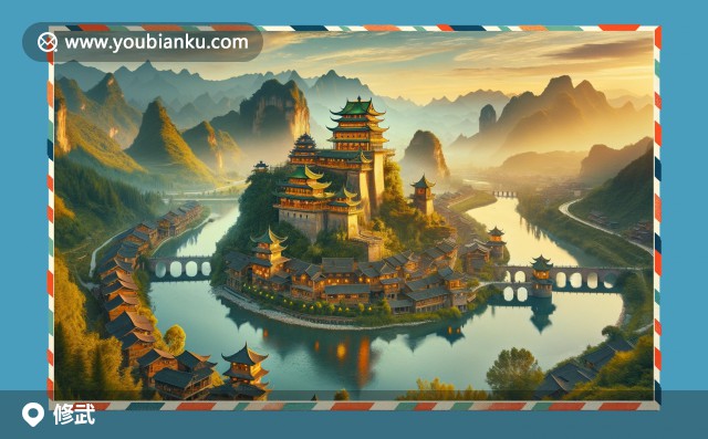 修武縣特色郵票圖案，展示黃河古堡、云臺(tái)山景色及傳統(tǒng)美食燴面