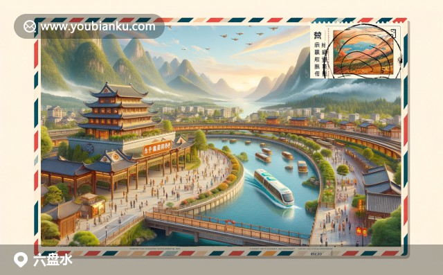 六盤水特色元素展示：鐘山風景區(qū)的天池、涼都黃粑、盤州老鴨湯與具有地域特色的航空信封