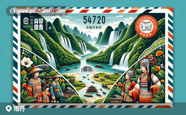 那羅溪河與德天瀑布的壯麗景色，南丹縣壯族服飾郵票郵戳的現(xiàn)代插畫