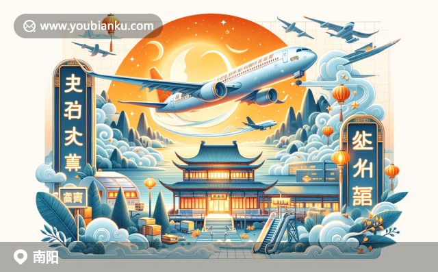 現(xiàn)代插畫(huà)風(fēng)格展示南陽(yáng)文化與郵政特色，月季花、武侯祠與牛肉湯元素齊聚航空郵件信封