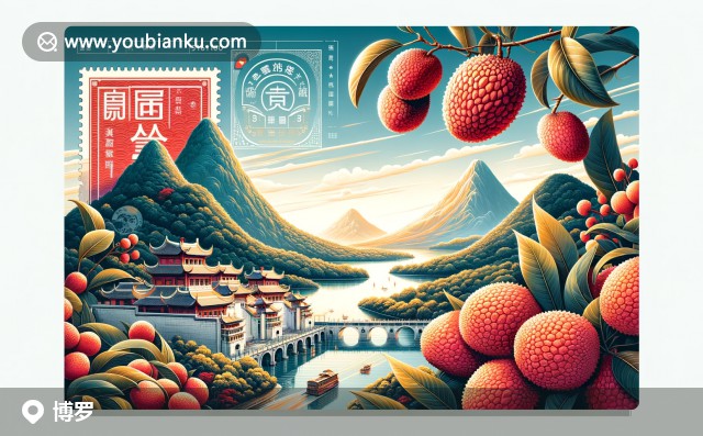 廣東省惠州市博羅縣的插圖，羅浮山、豐收荔枝與郵政編碼516100的郵票設(shè)計(jì)