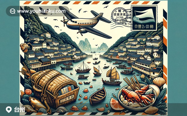 臺(tái)州海洋文化的現(xiàn)代描繪，融合郵政元素與海鮮美食，展現(xiàn)漁村風(fēng)貌與傳統(tǒng)漁船