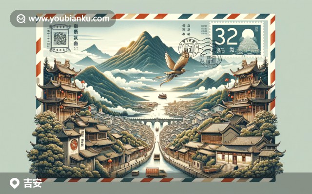 中國傳統(tǒng)郵票與文山寺、井岡山和吉安干茶的現(xiàn)代插畫，展示吉安歷史、文化和特產(chǎn)