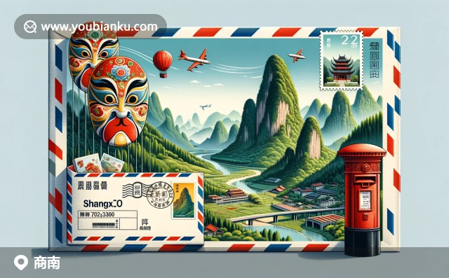 商南縣風(fēng)光與傳統(tǒng)文化插畫：太白山、郵筒與京劇面具的現(xiàn)代融合