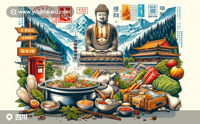 四川文化與郵政元素完美融合，展現(xiàn)九寨溝風景、大熊貓和火鍋等特色元素，傳達郵政傳遞信息的獨特魅力
