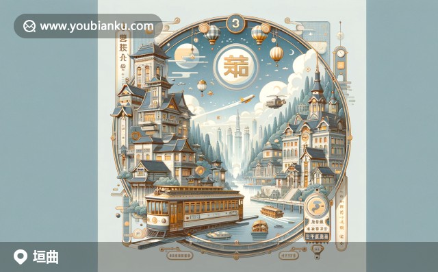 垣曲縣郵編043700的航空信封插畫，帶有中國傳統(tǒng)郵票和郵戳，展示地方文化與特色美食