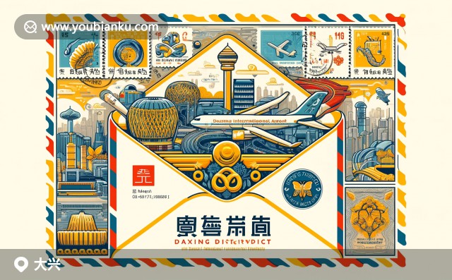大興區(qū)特色插畫(huà)：世園會(huì)建筑、大興機(jī)場(chǎng)與京劇臉譜的郵票風(fēng)格藝術(shù)明信片