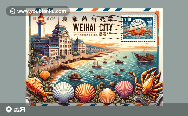 威海文化與自然景觀的完美融合，展現(xiàn)環(huán)翠樓、成山頭景區(qū)和當(dāng)?shù)靥厣ｕr蝦醬，融入航空郵件元素