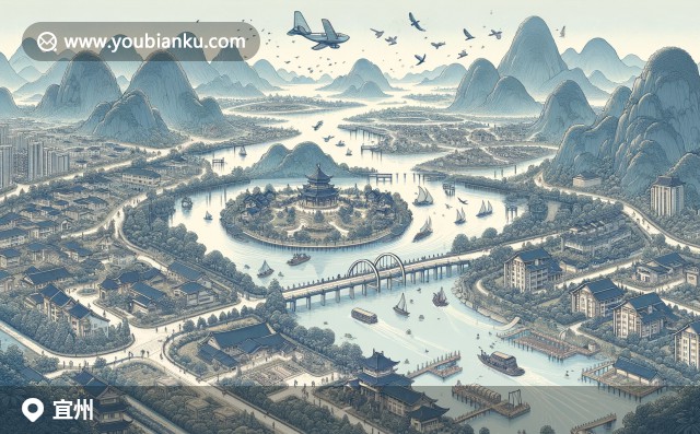 宜州螺螄粉、龍江河與古龍圩景區(qū)插畫 - 展示美食、風(fēng)光與郵政特色的郵封藝術(shù)