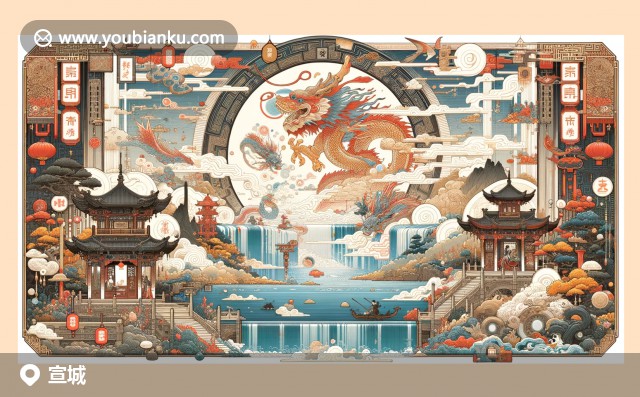 宣城文化與藝術(shù)的完美融合，展示敬亭山、徽派木雕和宣紙藝術(shù)，融入郵局元素