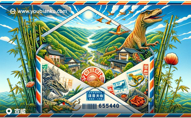 精致郵票下的宣威：竹林、恐龍化石與特色腌肉，背景是壯麗山脈和寧靜天空