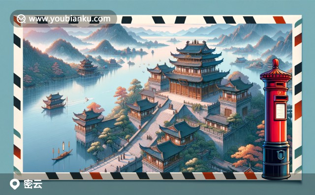密云水庫(kù)風(fēng)光，郵戳標(biāo)記下的蘋(píng)果與中國(guó)亭子 - 現(xiàn)代插畫(huà)藝術(shù)展示