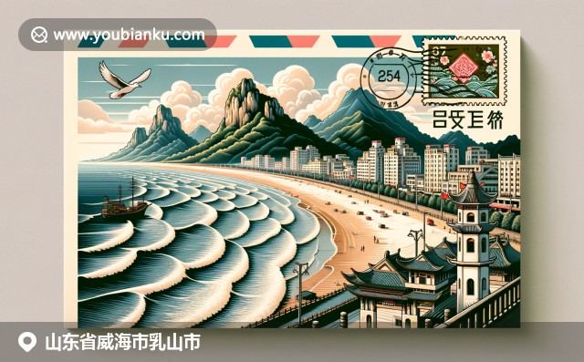 山東威海乳山的銀灘海岸和煙臺山脈背景下，展示郵政文化與自然美景的完美結(jié)合