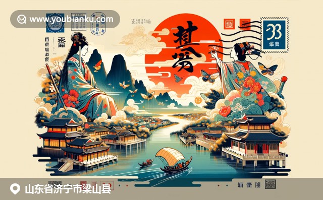 山東梁山文化與自然美景的現(xiàn)代描繪，結(jié)合《水滸傳》主題，體現(xiàn)豐富文學(xué)遺產(chǎn)和郵政元素