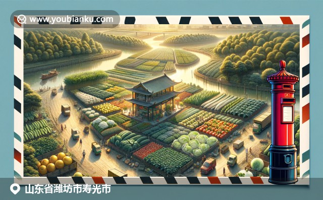 壽光中國蔬菜之鄉(xiāng)特色插圖，展現(xiàn)大棚和郵政元素，以及豐富多樣的蔬菜品種