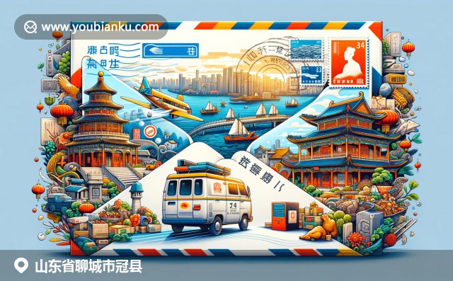 山東文化與郵政元素交融，呈現(xiàn)冠縣關(guān)公廟、微山湖和德州扒雞，描繪現(xiàn)代生活與傳統(tǒng)特色