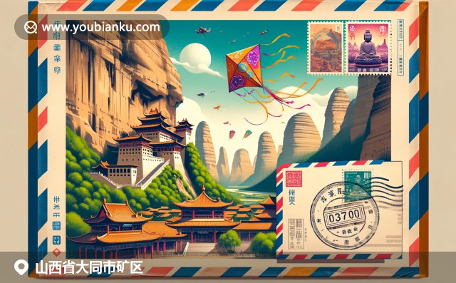 大同寺廟懸空、傳統(tǒng)風(fēng)箏與郵政元素結(jié)合，展現(xiàn)大同文化與地標(biāo)特色