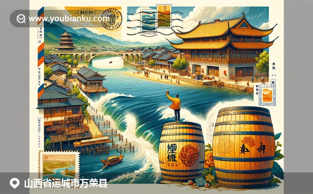 萬榮縣黃河風(fēng)光、傳統(tǒng)醋桶和后土廟建筑的結(jié)合，展現(xiàn)地方特色與歷史文化