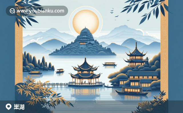 中心是裝飾有姥山島輪廓、毛蟹和銀魚的中國風(fēng)明信片，背景為寧靜的巢湖湖面與現(xiàn)代插畫風(fēng)格
