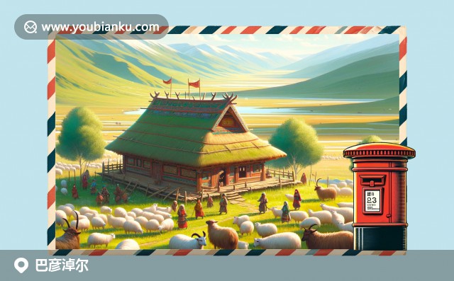 巴彥淖爾草原景觀與傳統(tǒng)蒙古包，展現(xiàn)自然和文化特色，融入航空郵件元素