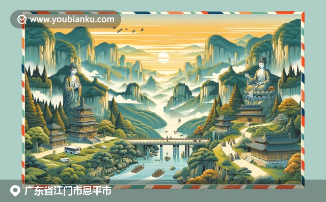 廣東江門恩平特色明信片，展現(xiàn)塔山瀑布、圓墩古村與盆菜，融合中國(guó)郵政元素
