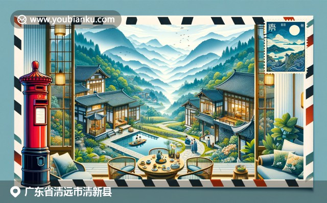 廣東清新縣清新溫泉背景插畫，現(xiàn)代風格明信片上含“清新”文字及郵政編碼，特色郵票展示知名地標和文化元素