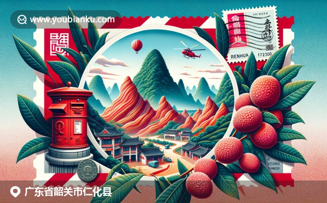 廣東仁化縣丹霞山紅色砂巖地貌和荔枝，傳統(tǒng)郵件信封及郵筒融合