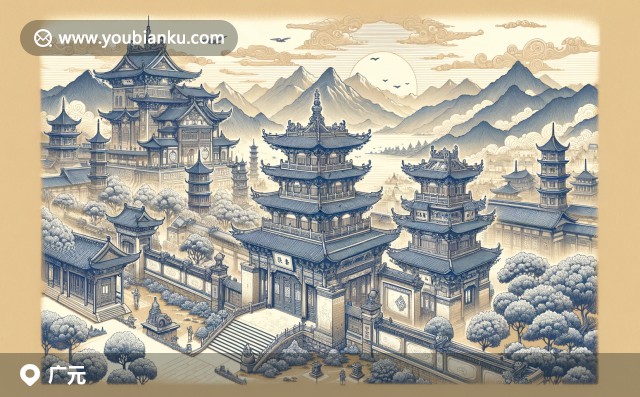 廣元古城與劍門關(guān)山景的融合，展現(xiàn)地道劍門豆腐與郵政文化，設(shè)計(jì)現(xiàn)代明信片風(fēng)格
