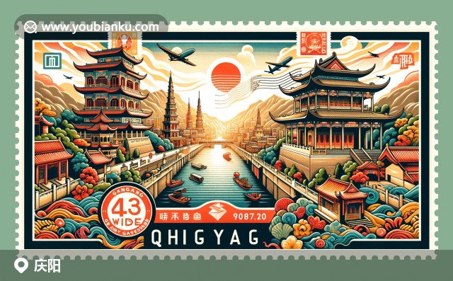 現(xiàn)代的航空郵件信封，融合慶陽特色，設計獨特充滿創(chuàng)意，展現(xiàn)中國風郵政元素與慶陽風景