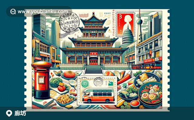 廊坊傳統(tǒng)文化與中國郵政元素的融合，展現(xiàn)勝芳花燈和香河肉餅，郵票描繪標志性景觀