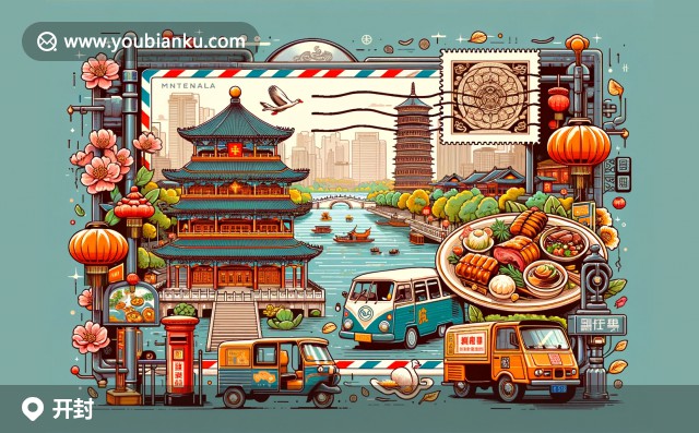 河南省開封市開封區(qū)郵票明信片，展示開封府、鐵塔和包公祠特色，現(xiàn)代與傳統(tǒng)交融的街景