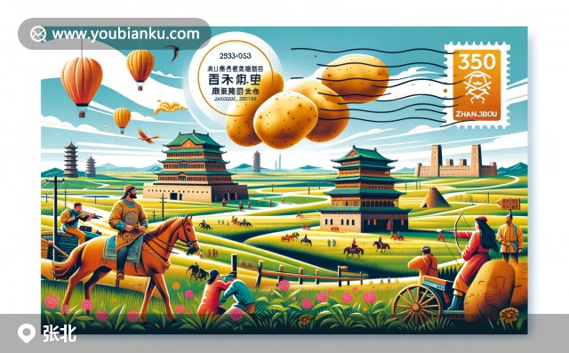 廣闊草原上的牛羊群、蒙古包、張北國際音樂節(jié)與風(fēng)力發(fā)電機(jī) - 076450張北特色明信片