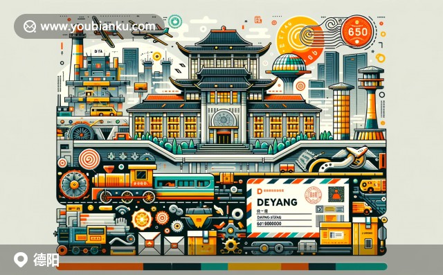 德陽市文化與現(xiàn)代工業(yè)的完美融合，展現(xiàn)三星堆古文明與重型機(jī)械工業(yè)景象，匯聚郵政元素