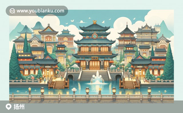 揚(yáng)州瘦西湖白塔、石橋與東關(guān)街熱鬧景象，融入揚(yáng)州炒飯、獅子頭郵票，展現(xiàn)地域特色與郵政元素