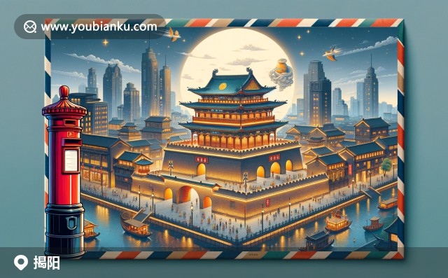 揭陽地區(qū)的文化與自然融合，描繪進賢門與榕城青獅，體現(xiàn)潮汕刺繡與傳統(tǒng)藝術(shù)