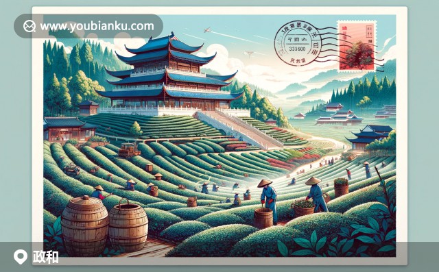 南平政和茶園采茶圖 - 茶祖堂與郵政元素展示的地方特色