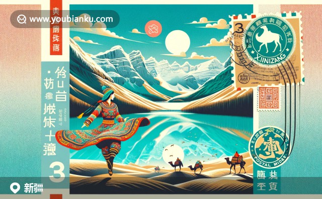 新疆自然美景與豐富文化的完美融合，描繪天山天池和傳統(tǒng)維吾爾族舞者，背景是壯麗的天山山脈