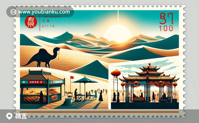 航空信封插圖：展示天池壯麗、維族藝術(shù)與大盤雞，831100郵政編碼象征昌吉文化與自然