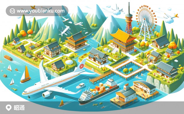 昭通地域特色與郵政元素的完美結(jié)合，展現(xiàn)大山包景區(qū)與特色美食天麻汽鍋雞、燒洋芋
