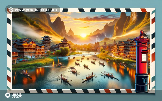 景洪市郵票上的湄公河風(fēng)光與傣族藝術(shù)元素 - 象腳鼓與孔雀舞，郵政編碼666100