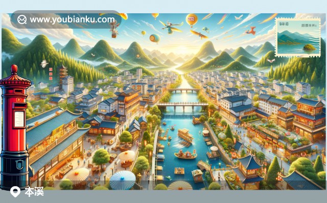 本溪滿族自治縣標(biāo)志：水洞郵票、關(guān)門山楓葉與傳統(tǒng)風(fēng)箏的現(xiàn)代插畫設(shè)計，郵政編碼117100